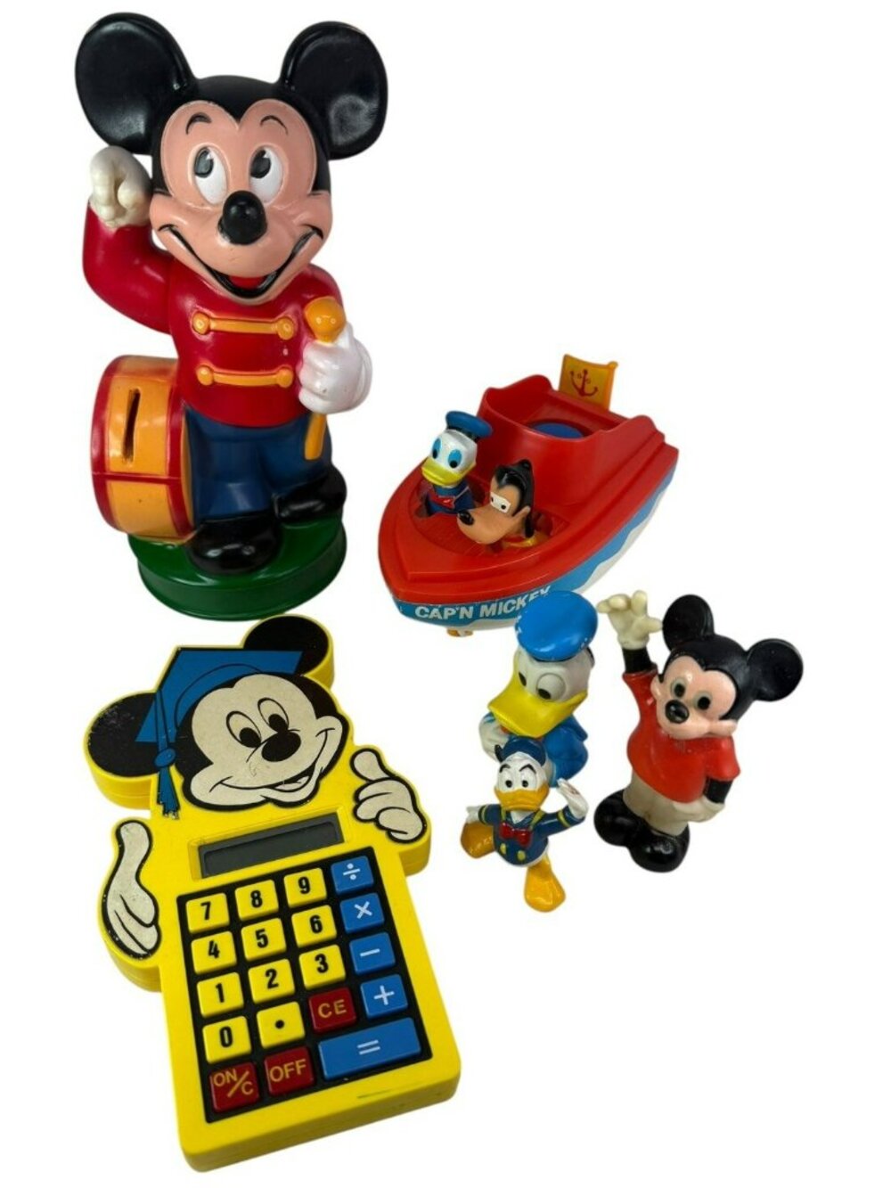 LOT Vintage Mickey Mouse Rubber Bank W/ STOPPER Calculator Figures Donald Goofy